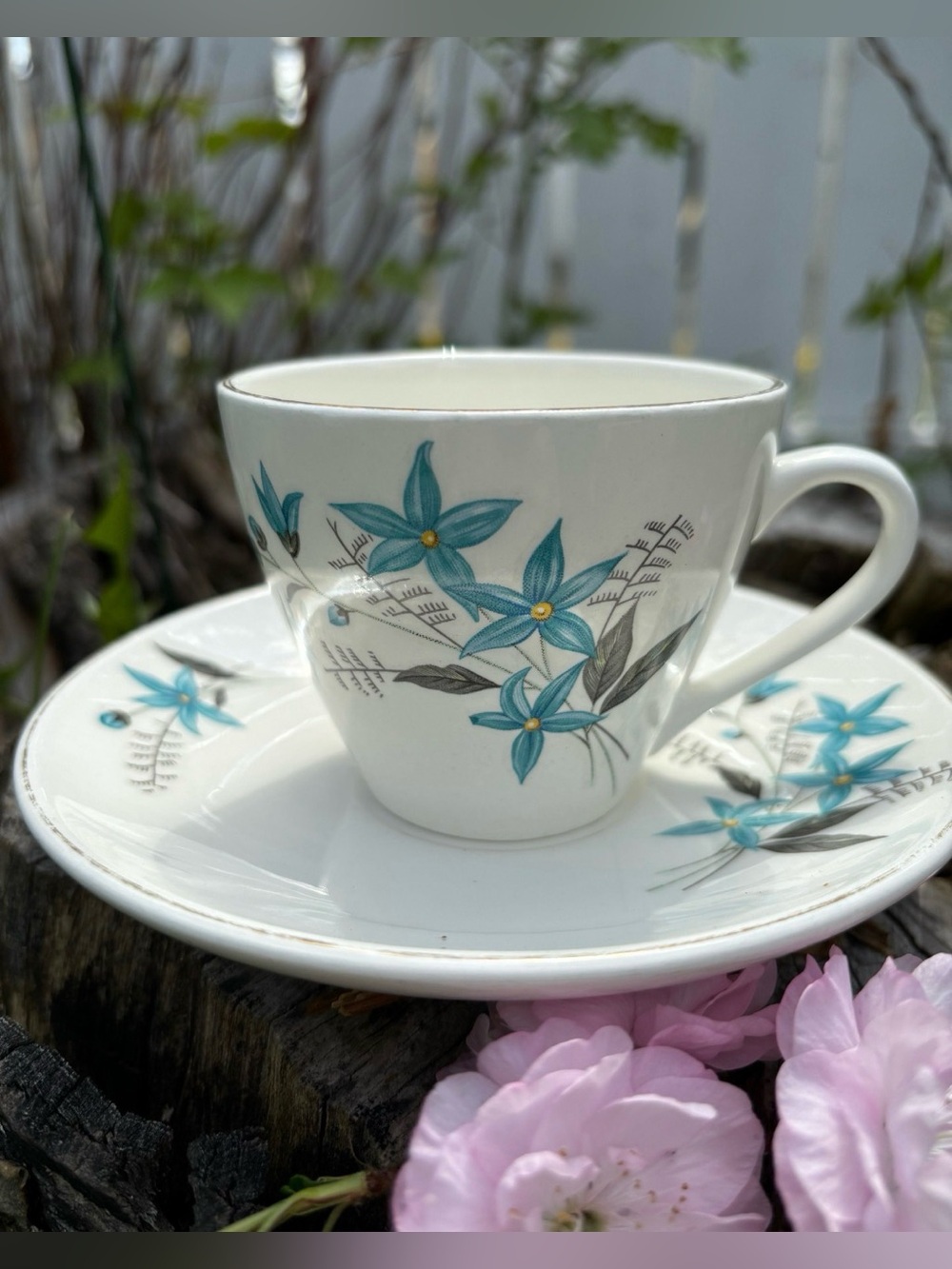 Vintage MCM Turquoise Star Flower Teacup & Saucer Set Gold Trim